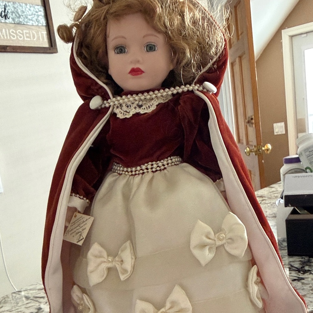 Classic Red Velvet Hooded Doll with Ivory Satin Dress